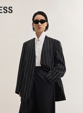 LESS摩登条纹西装女秋冬立领气质无扣女士宽松西服外套2O081469H