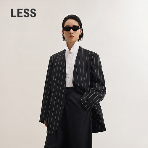 LESS摩登条纹立领无扣西装外套