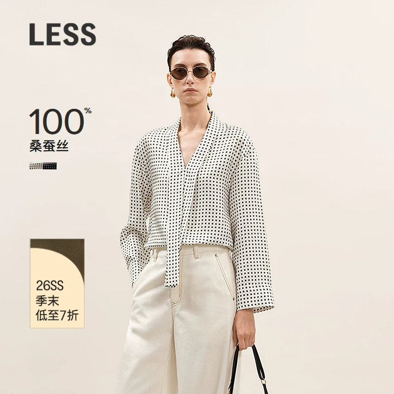 LESS桑蚕丝V领波点睡衣风衬衫图片