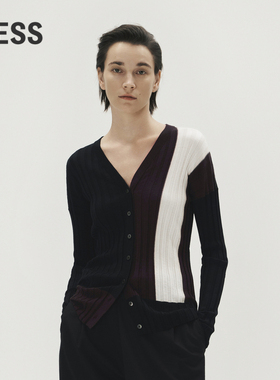 LESS春秋V领针织衫女撞色绵羊毛修身上衣2N8311500