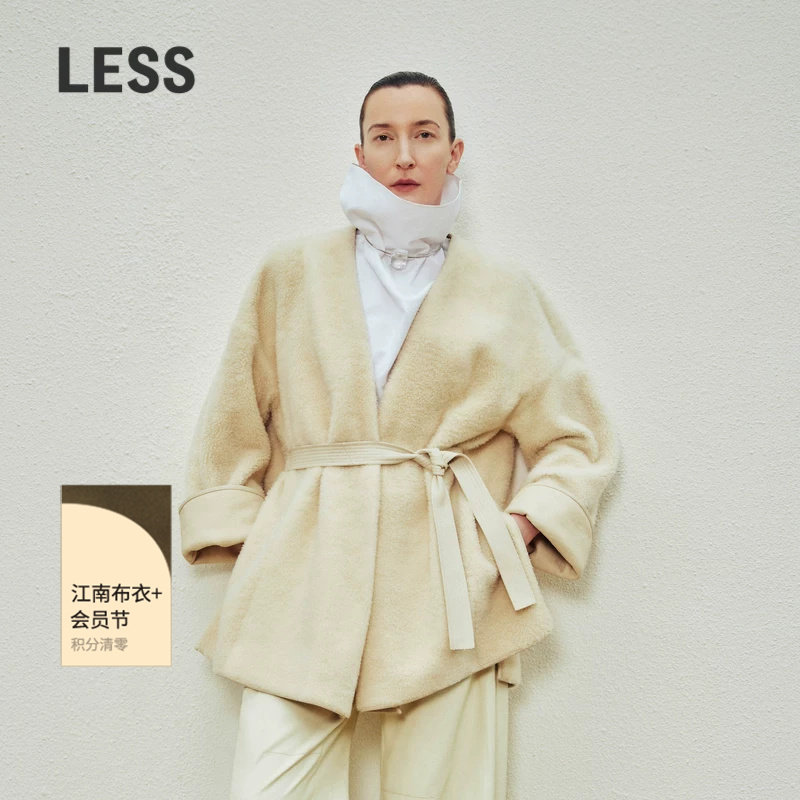 LESS冬季皮草外套女无领宽松正反两穿系带皮毛一体上衣2O0A1