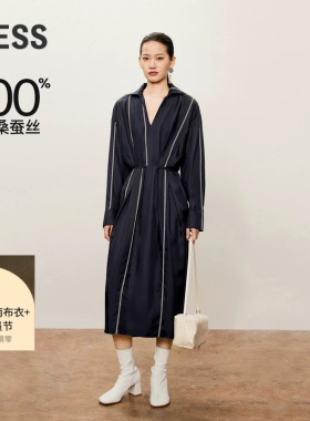 【精工系列】LESS桑蚕丝连衣裙V领针绣斜纹长袖条纹黑裙2O7G13340