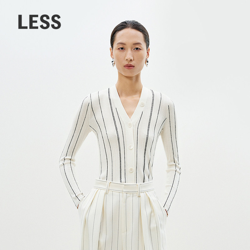 LESS春修身简约内搭毛衫优雅撞色坑条打底针织开衫女2P2313