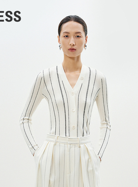 LESS春修身简约内搭毛衫优雅撞色坑条打底针织开衫女2P2313210