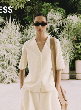 LESS春夏简约休闲含绵羊毛短袖衬衣女宽松垂感V领衬衫2O5214360