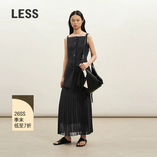 LESS方领X型无袖压褶吊带连衣裙