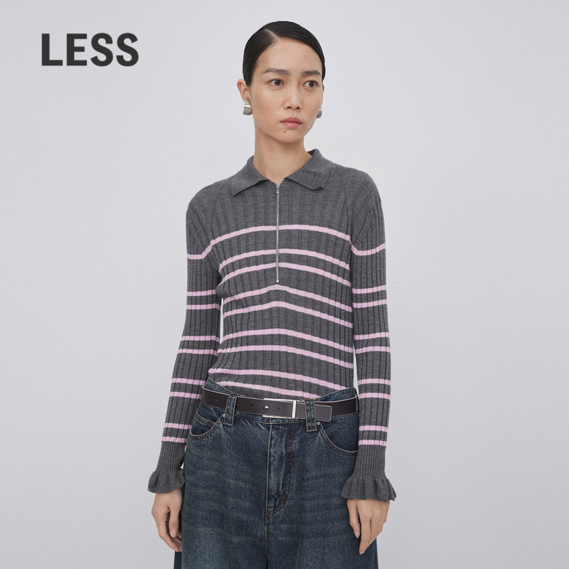 LESS绵羊毛条纹修身套头针织衫