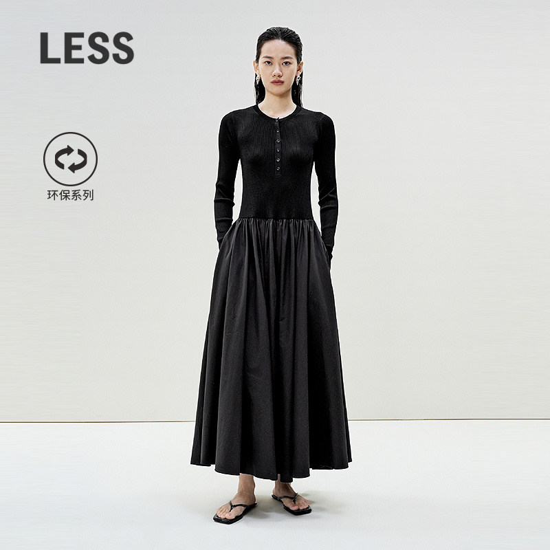 LESS春季针织拼接连衣裙女赫本风黑色圆领长款显瘦裙子2P3G1
