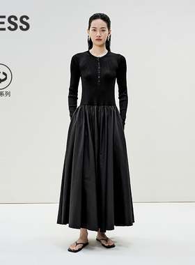 LESS春季针织拼接连衣裙女赫本风黑色圆领长款显瘦裙子2P3G12850