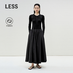 LESS春季 显瘦裙子2P3G12850 针织拼接连衣裙女赫本风黑色圆领长款