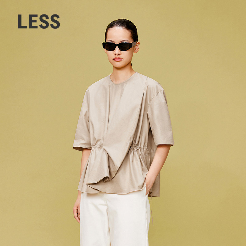 LESS春夏设计感宽松圆领上衣女休闲简约抽褶短袖衬衫2O5214