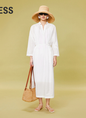 LESS夏季纯色设计感平绣长袖连衣裙简约白V领气质连衣裙2O6G21760