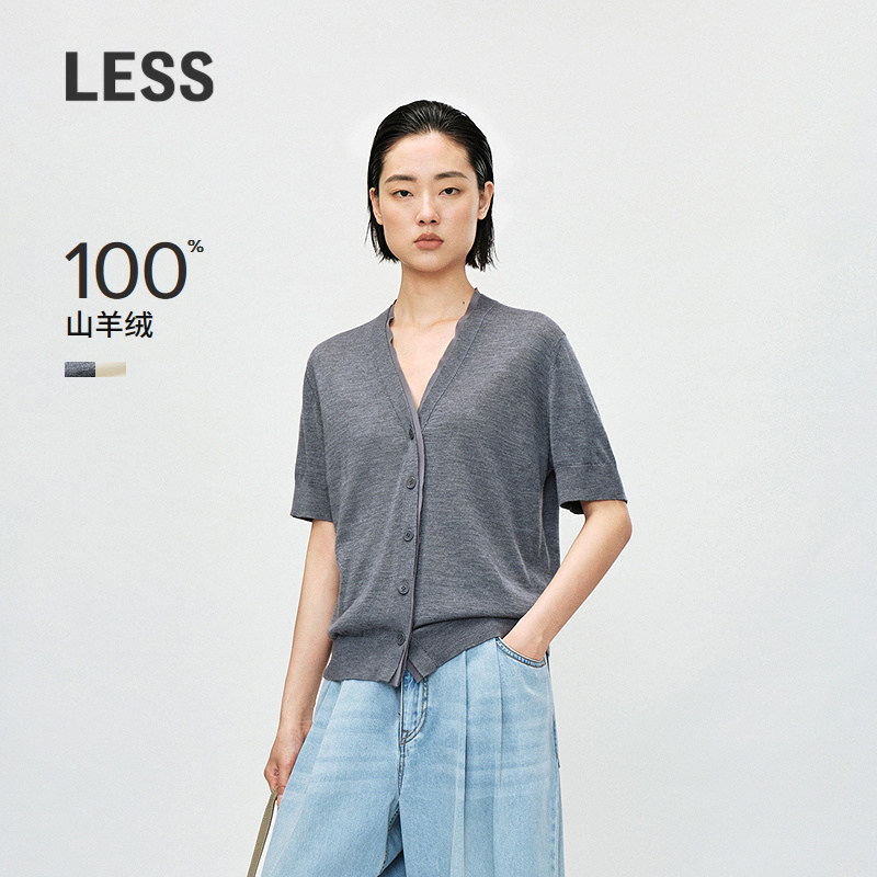 【0压系列】LESS薄款山羊绒针织衫女短袖V领开襟羊绒衫2P43