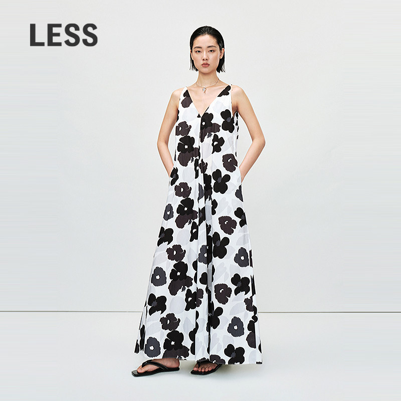 LESS夏印花进口全棉府绸度假吊带A版宽松阔形长款连衣裙2P6G