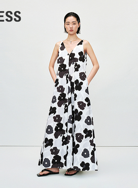 LESS夏印花进口全棉府绸度假吊带A版宽松阔形长款连衣裙2P6G11860