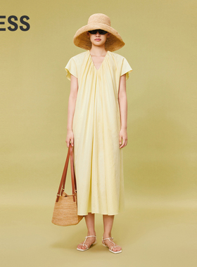 LESS夏季休闲度假风V领A型棉桑蚕丝褶皱短袖长款连衣裙2O5G11920