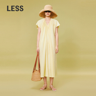 连衣裙2O5G11920 长款 LESS夏季 休闲度假风V领A型棉桑蚕丝褶皱短袖
