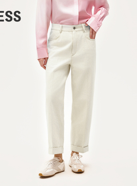LESS春高腰复古直筒白色九分显瘦通勤利落棉麻裤2O2E10440