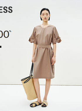 LESS夏收腰泡泡袖中长裙简约通勤时尚气质短袖连衣裙2P4G10380