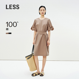 连衣裙2P4G10380 气质短袖 LESS夏收腰泡泡袖 中长裙简约通勤时尚