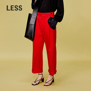 2O1E10240 感直筒长裤 LESS简约红色休闲裤 通勤立体剪裁假口袋时尚