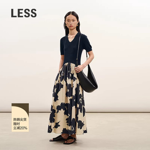 【商场同款】LESS2026春新款V领修身印花拼接短袖连衣裙2Q1G15260