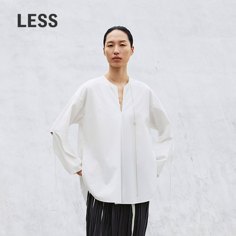 LESS春新中式长袖衬衣女无领设计感建筑解构宽松白衬衫2P321