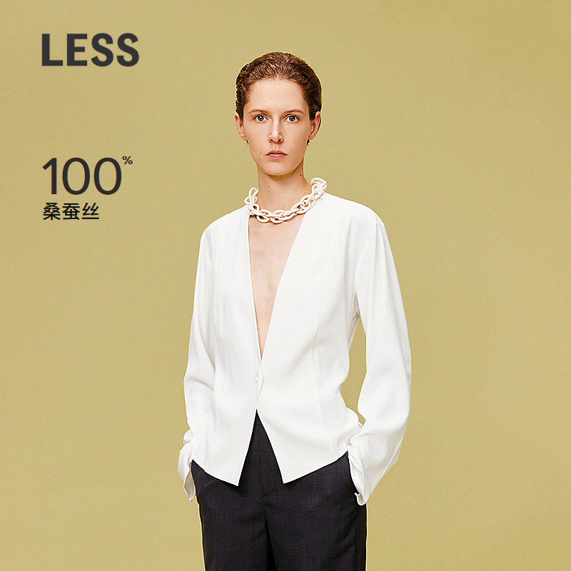 LESS春夏简约v领衬衣外套女桑蚕真丝宽松系带收腰衬衫2O521
