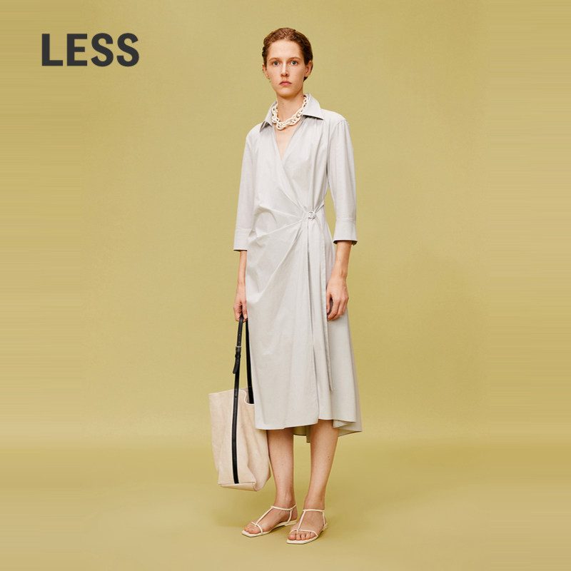 LESS棉质系带连衣裙法式气质通勤收腰显瘦长款衬衫裙子2O3G1