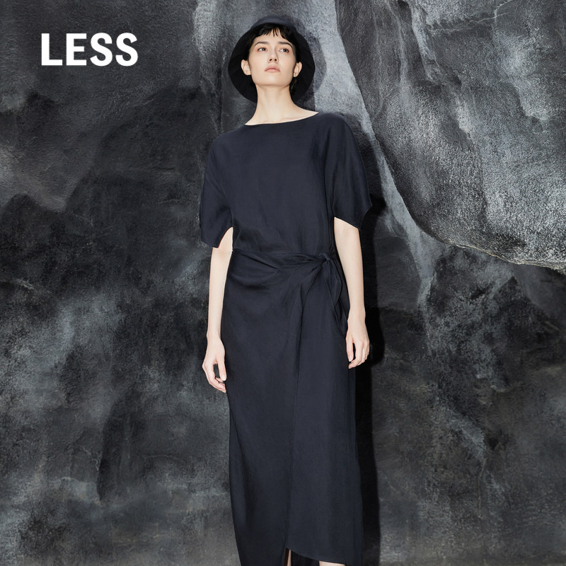 LESS夏季黑色亚麻短袖连衣裙女气质收腰一字领度假长裙2O4G1