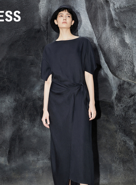 LESS夏季黑色亚麻短袖连衣裙女气质收腰一字领度假长裙2O4G12330