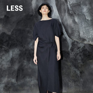 LESS夏季 连衣裙女气质收腰一字领度假长裙2O4G12330 黑色亚麻短袖