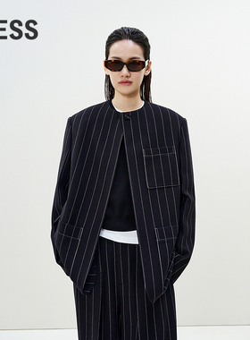LESS春条纹气场利落无领夹克小香风简约时尚西装外套女2P2714100
