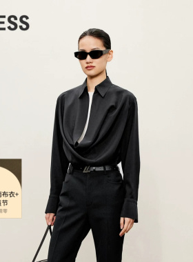 LESS春秋荡领长袖衬衫女6A桑蚕真丝黑色通勤气质衬衣2O7211200