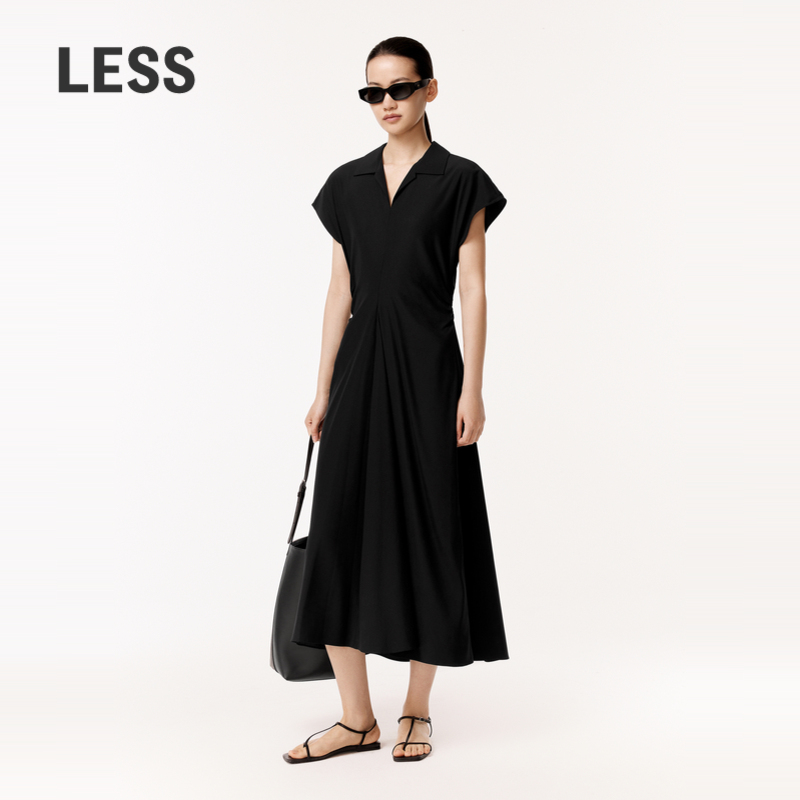 LESS夏季气质通勤套头A字长裙桑蚕真丝短袖衬衫连衣裙2O5G12600