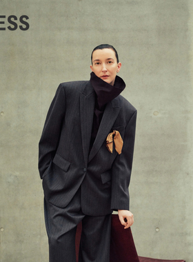 LESS春秋酷飒男友风西服女绵羊毛精纺撞色方巾西装外套2O9713050