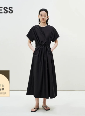 LESS夏圆领短袖连衣裙女黑色简约通勤收腰裙子含桑蚕丝2P5G12020