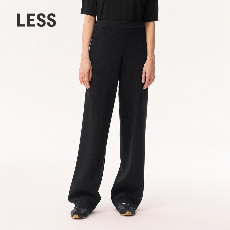 LESS春季黑色裤子女慵懒风松紧高腰舒垂感闲宽松直筒裤2O3E1