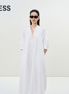 LESS度假风泡泡袖连衣裙气质全棉系带A字插肩袖廓形长裙2P3G20510