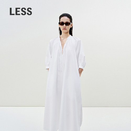 LESS度假风泡泡袖A字连衣裙