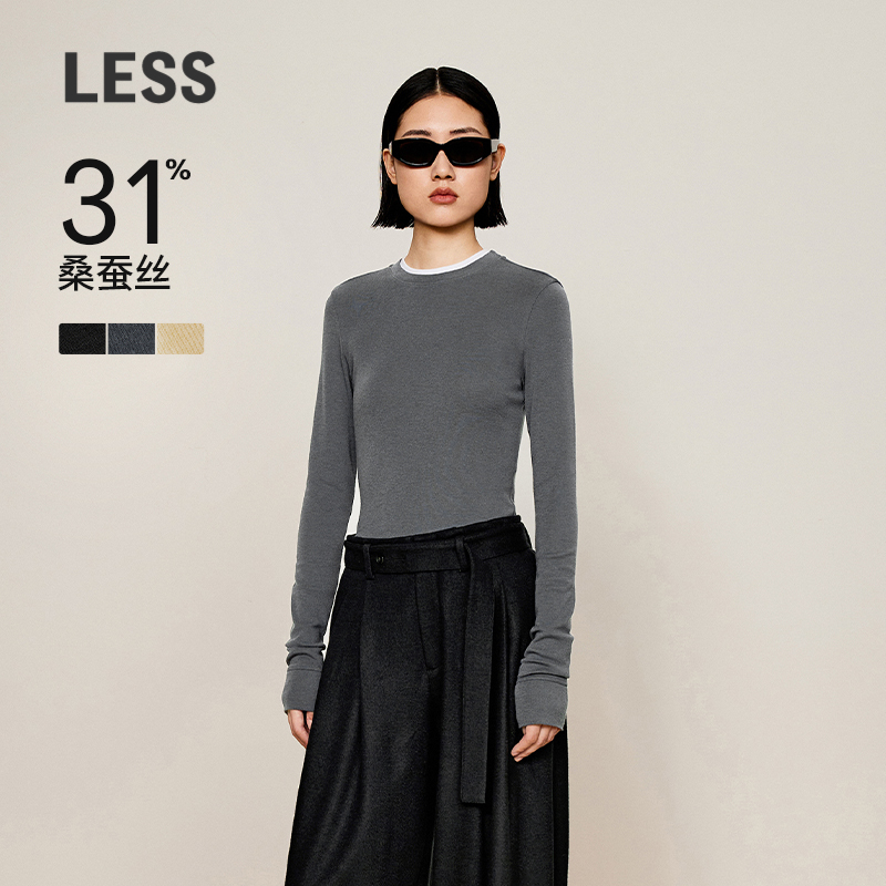 【0压系列】LESS假两件长袖T恤女圆领修身羊毛内搭上衣2OA111420