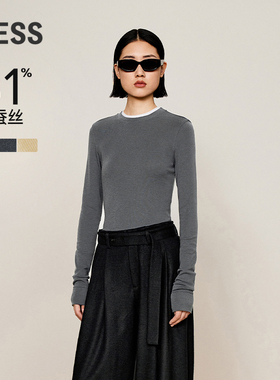 【0压系列】LESS假两件长袖T恤女圆领修身羊毛内搭上衣2OA111420