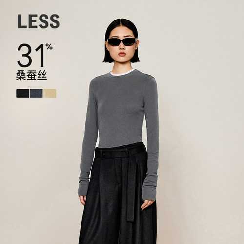 【0压系列】LESS假两件长袖T恤女圆领修身羊毛内搭上衣2OA111420