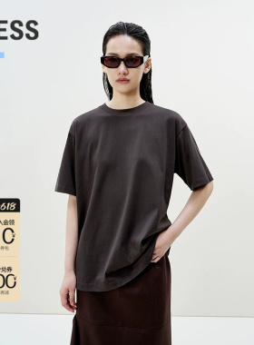 LESS春夏全棉上衣女休闲宽松百搭显瘦纯色圆领短袖T恤2P3113560