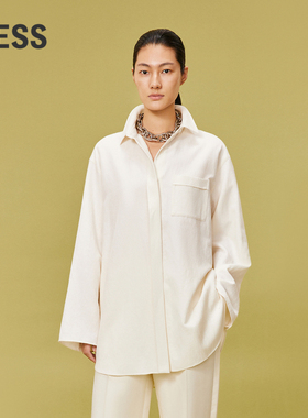 LESS春休闲外套通勤风白色简约气质亚麻长袖衬衫2O3213760