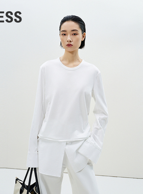 LESS春拼接白色松弛廓形宽松圆领长袖棉质简约T恤女2P2114180