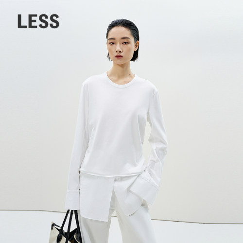 LESS全棉长袖T恤女白色打底衫