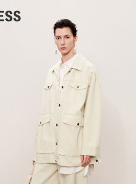 LESS牛仔白夹克女秋冬工装风中性宽松直身全棉牛仔外套2O8610270