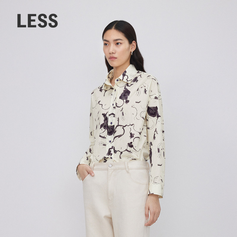 LESS春季时尚潮流棉质云龙纹印花经典版型宽松衬衫2O12140