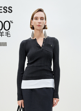 LESS春季高支绵羊毛坑条亨利领修身针织衫套装女含背心2P1321410